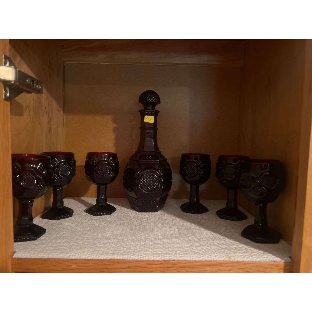 Avon Ruby Red, Cape Cod, Decanter and 6 Wine Glasses.